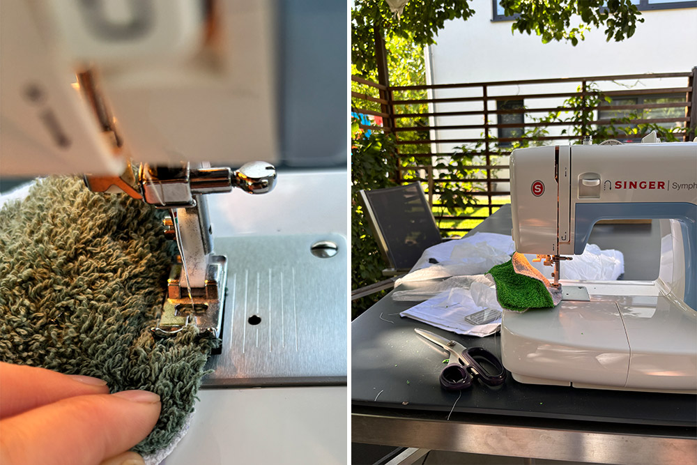 DIY-Wasserbomben nähen — Nähmaschine mit Frottee-Stoff in Nahaufnahme