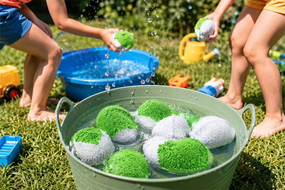 DIY-Wasserbomben im Wassereimer — bunte Frottee-Bälle in Metallschüssel im Garten