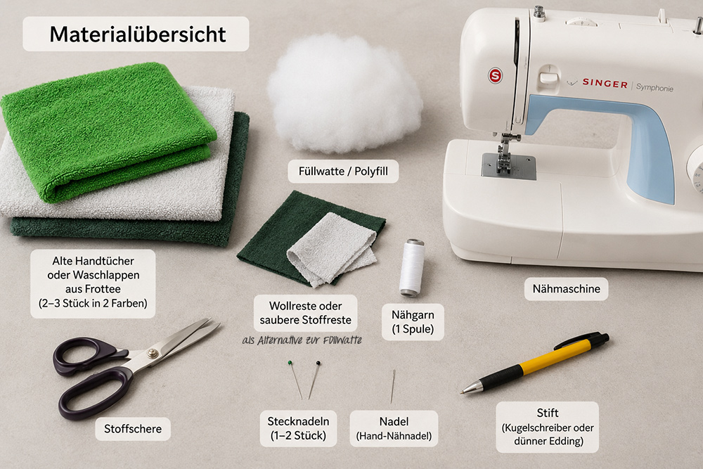 DIY-Wasserbomben Material — alte bunte Handtücher, Schere, Nähgarn auf Holztisch